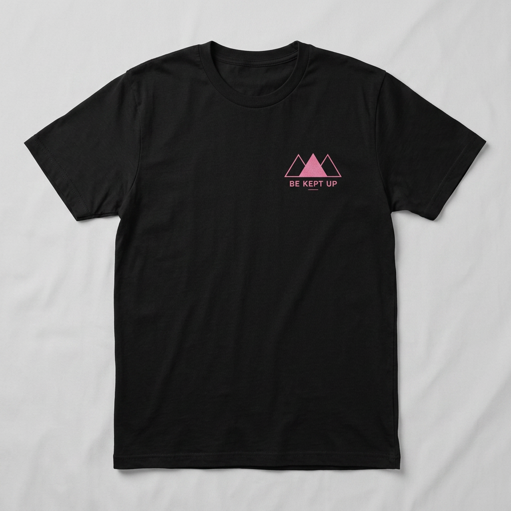 Be Kept Up — pink mountain logo on black tee